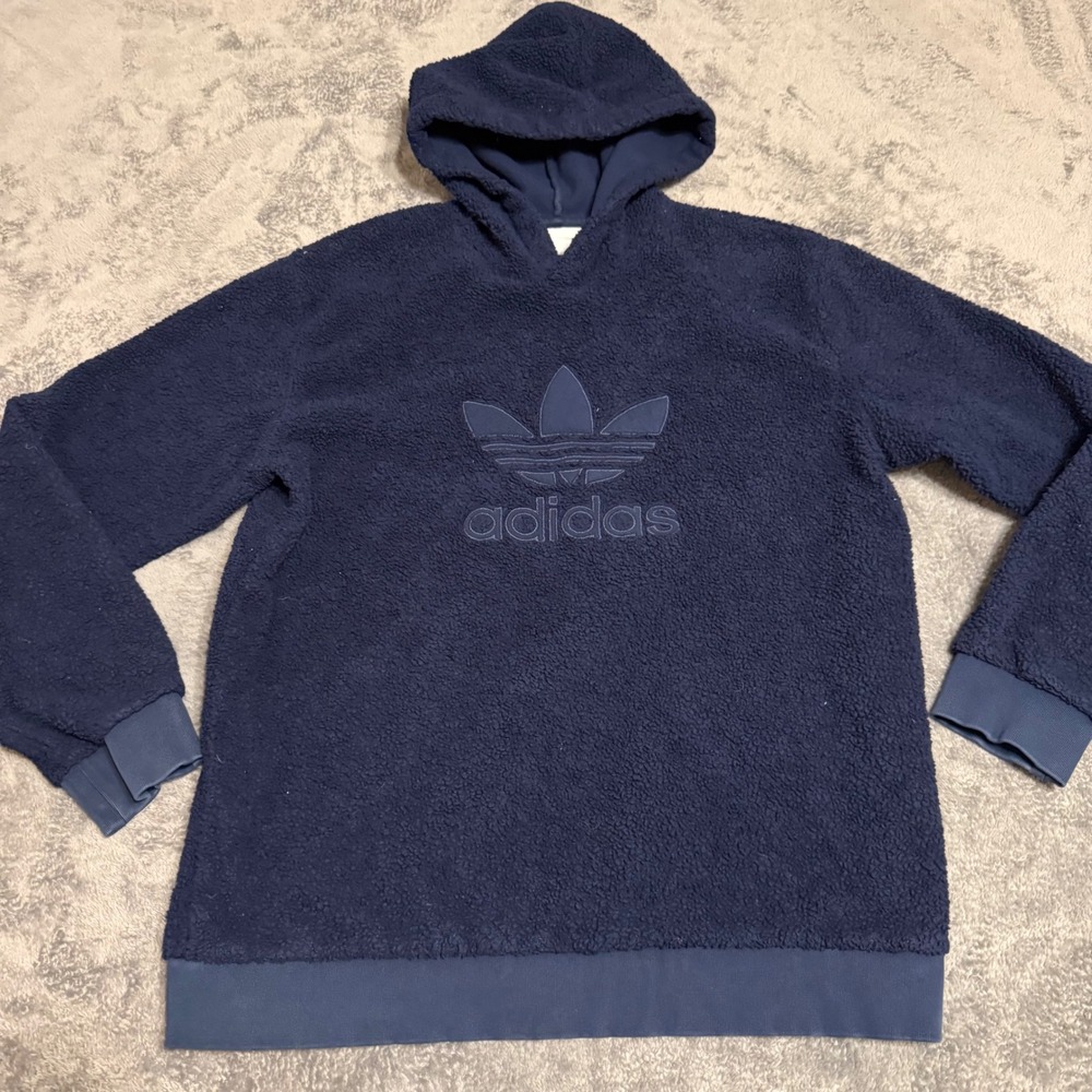 Adidas Mens Big Trefoil Logo Fuzzy Fleece Hoodie Navy Blue Sz Medium
